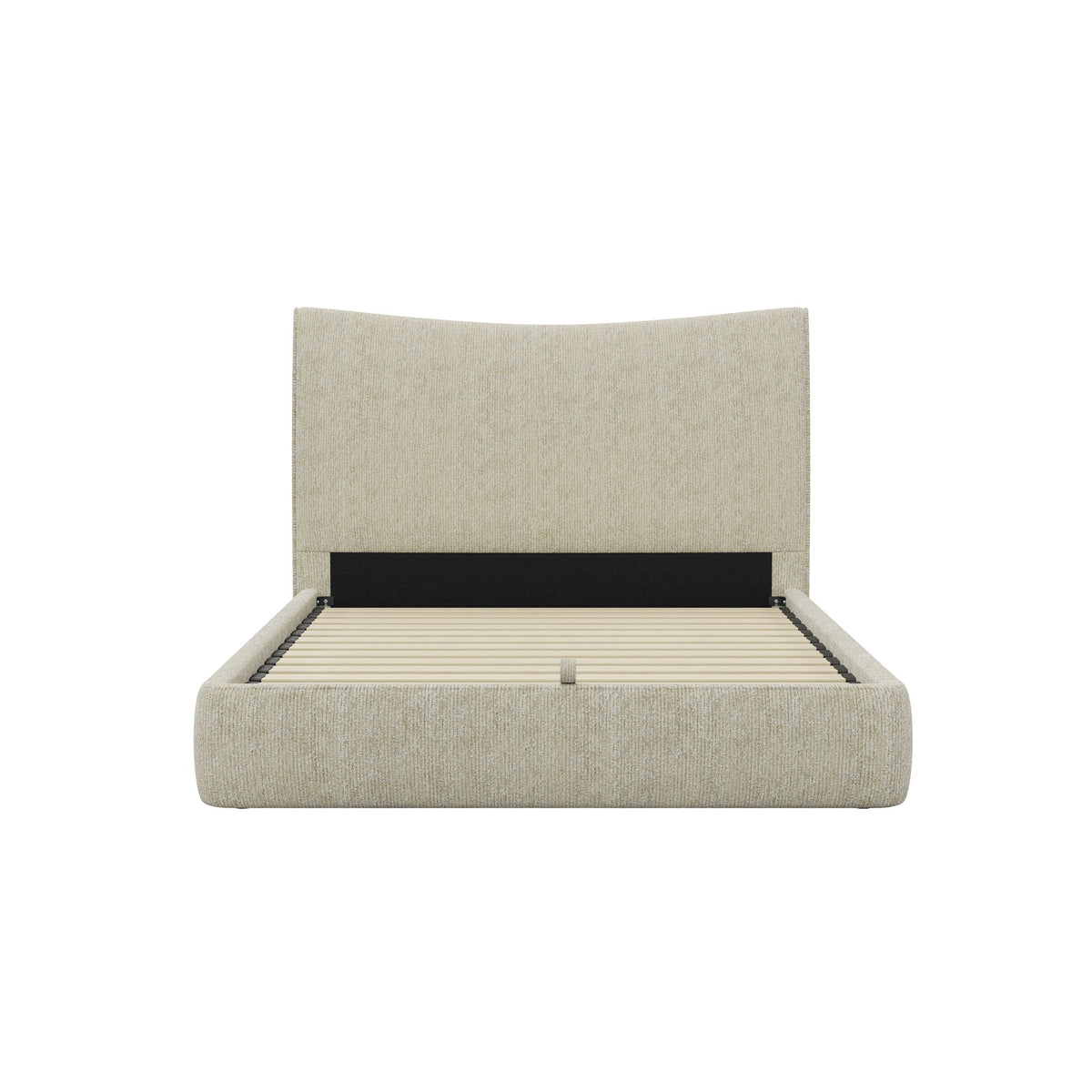 Beige upholstered bed with tall headboard, lift-up storage compartment and slats