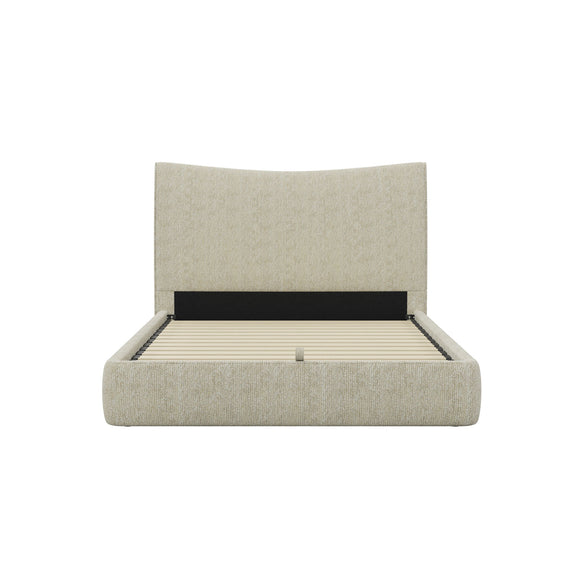 Beige upholstered bed with tall headboard, lift-up storage compartment and slats