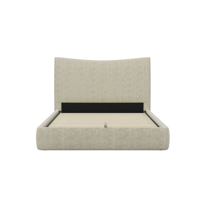 Beige upholstered bed with tall headboard, lift-up storage compartment and slats