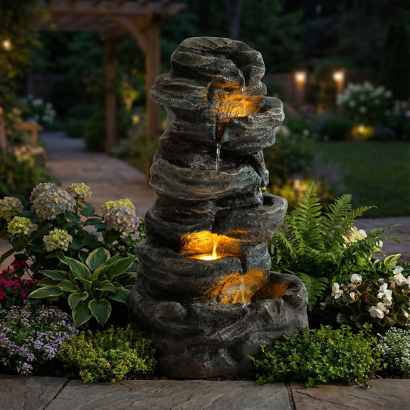 Gray tiered stone water fountain with warm LED-lit cascading streams