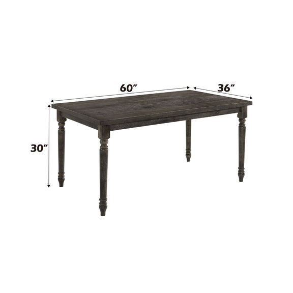 Weathered gray dining table, 60 x 36 x 30 in, rectangular top with turned legs