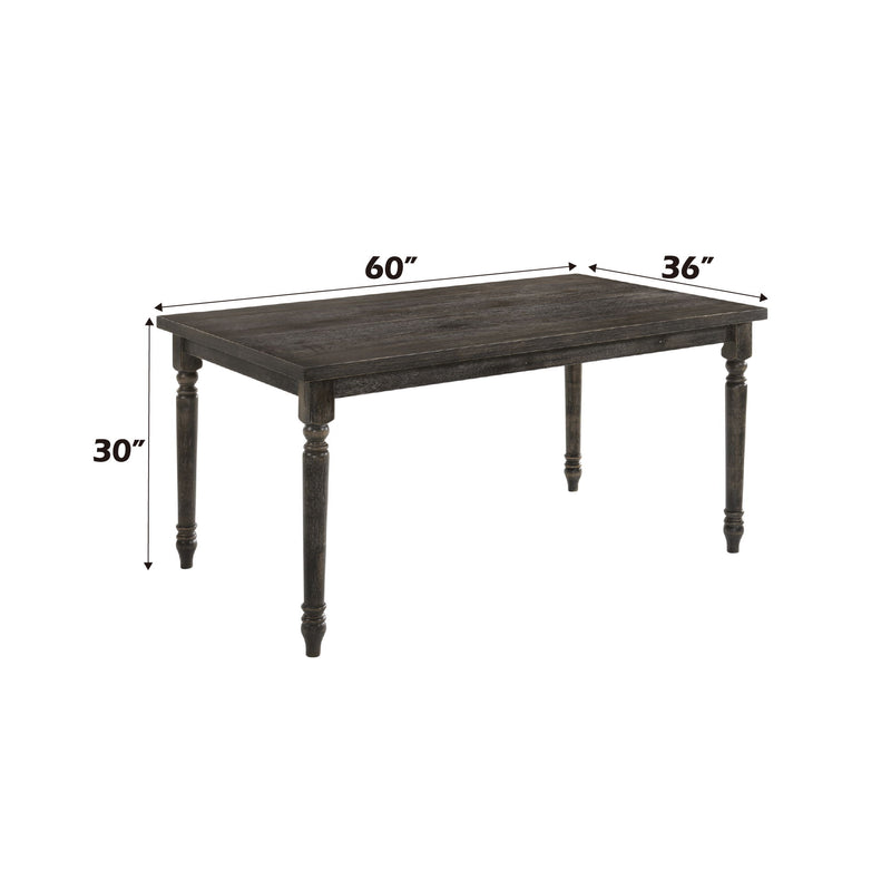 Weathered gray dining table, 60 x 36 x 30 in, rectangular top with turned legs