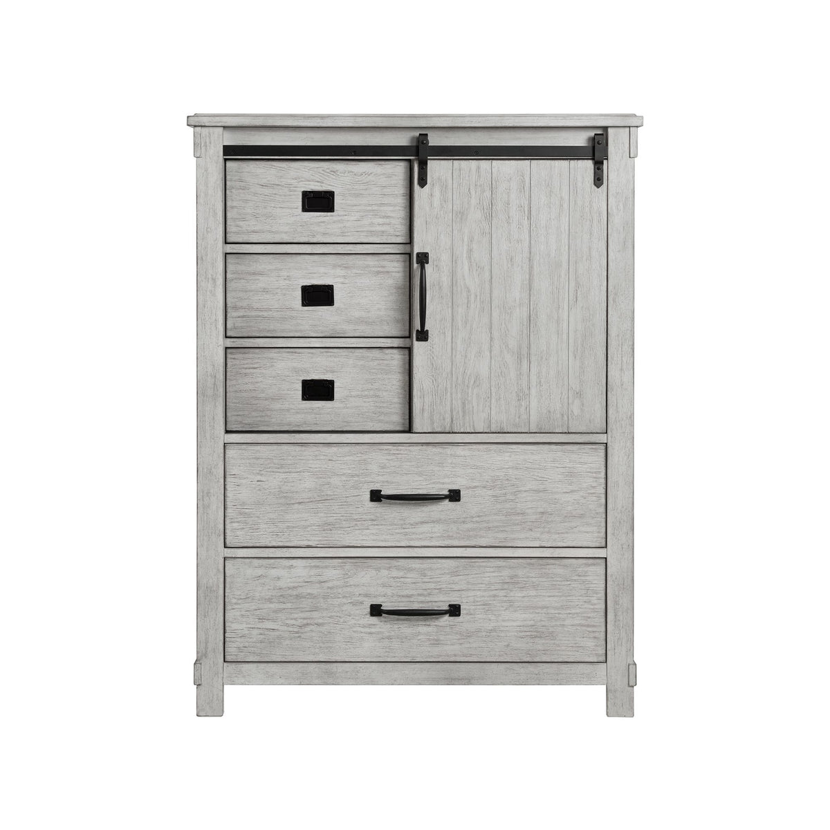 White 5-drawer chest with cabinet doors, three drawers, and black bar pulls