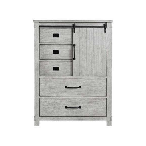 White 5-drawer chest with cabinet doors, three drawers, and black bar pulls