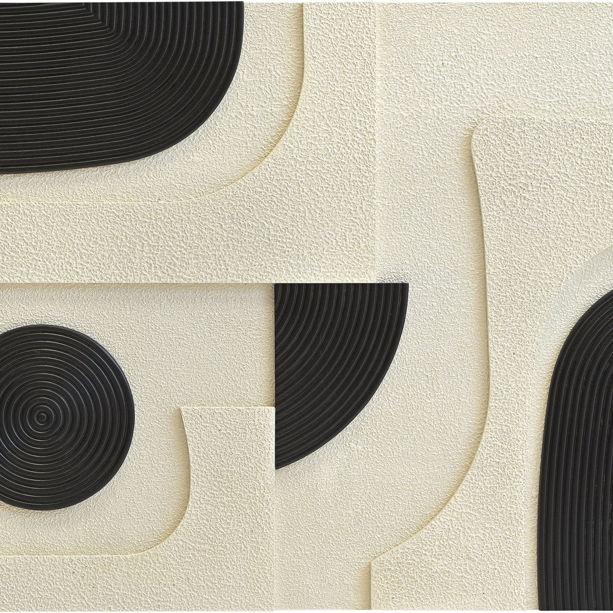 Mango wood wall decor panel close-up with black spiral discs and curved arc inlays