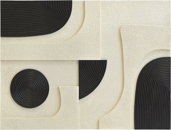 Mango wood wall decor panel close-up with black spiral discs and curved arc inlays