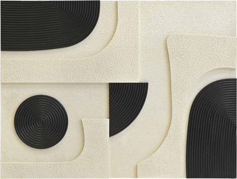 Mango wood wall decor panel close-up with black spiral discs and curved arc inlays