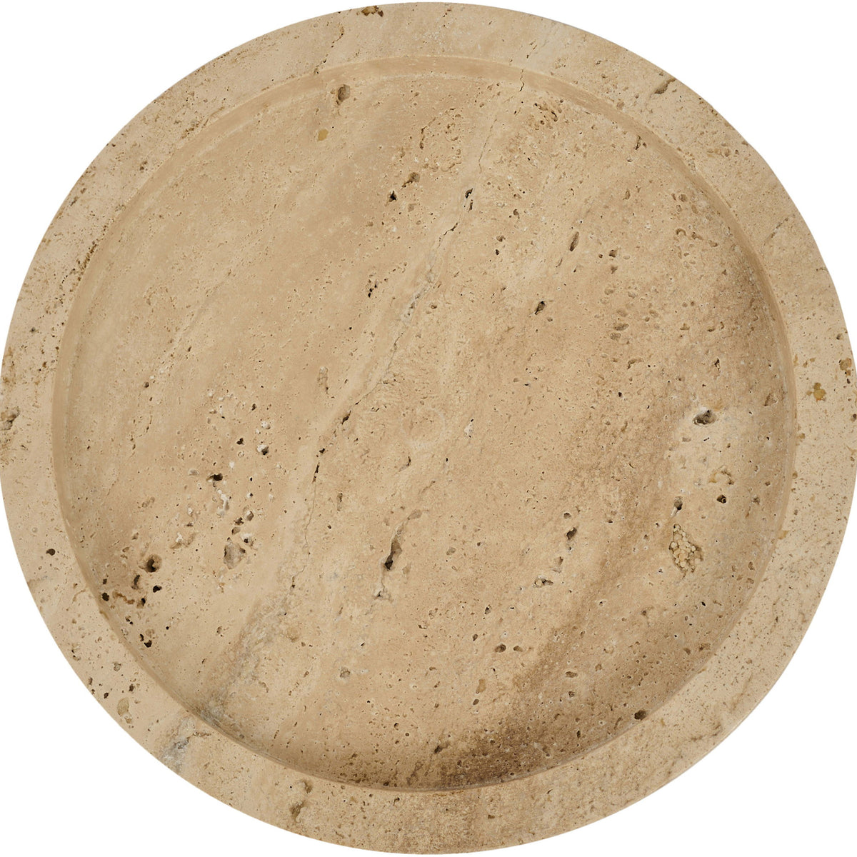 Beige travertine round tray close-up showing speckled, mottled stone surface.