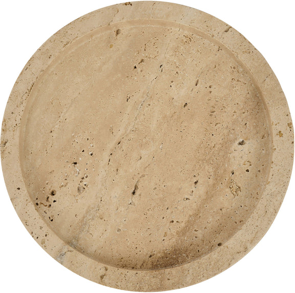 Beige travertine round tray close-up showing speckled, mottled stone surface.