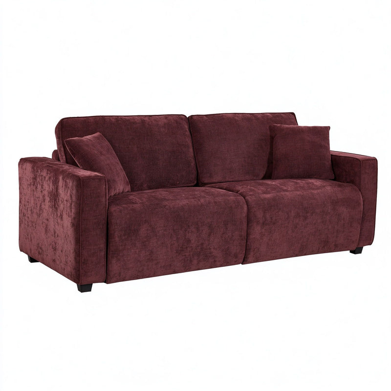 Dark red pull-out sofa bed with three back cushions and padded armrests