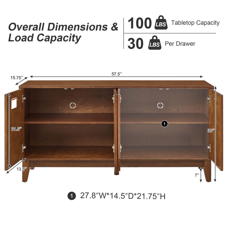 Walnut storage cabinet shown open, with two compartments, shelves, and dimension labels