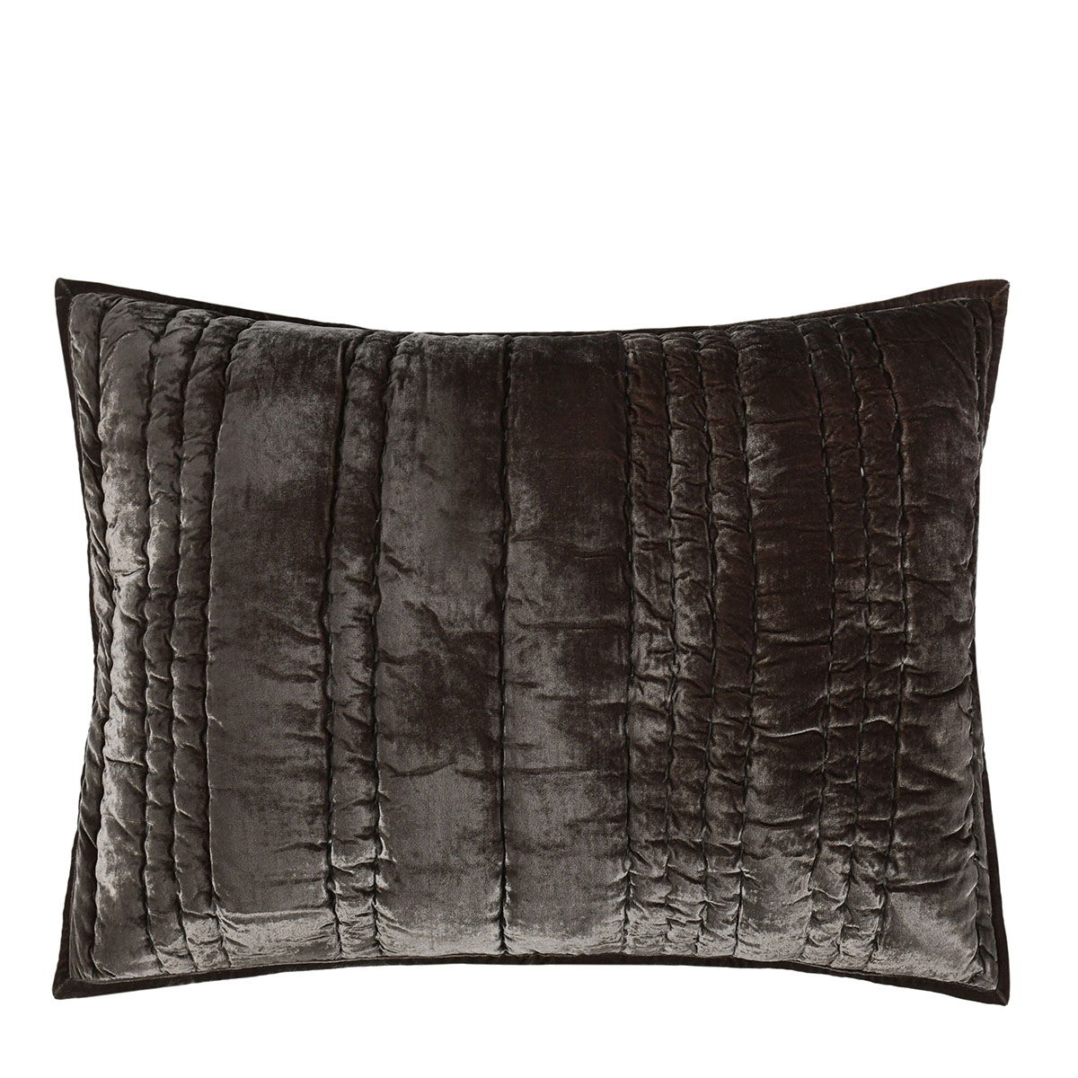 Dark charcoal quilted square sham with vertical stitched channels and piped border