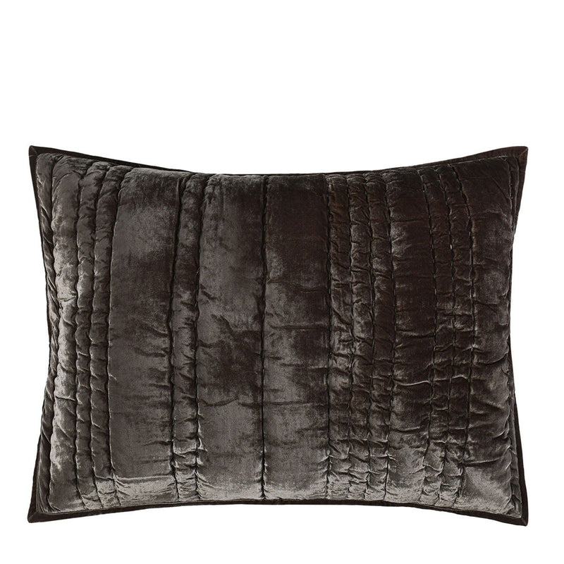 Dark charcoal quilted square sham with vertical stitched channels and piped border