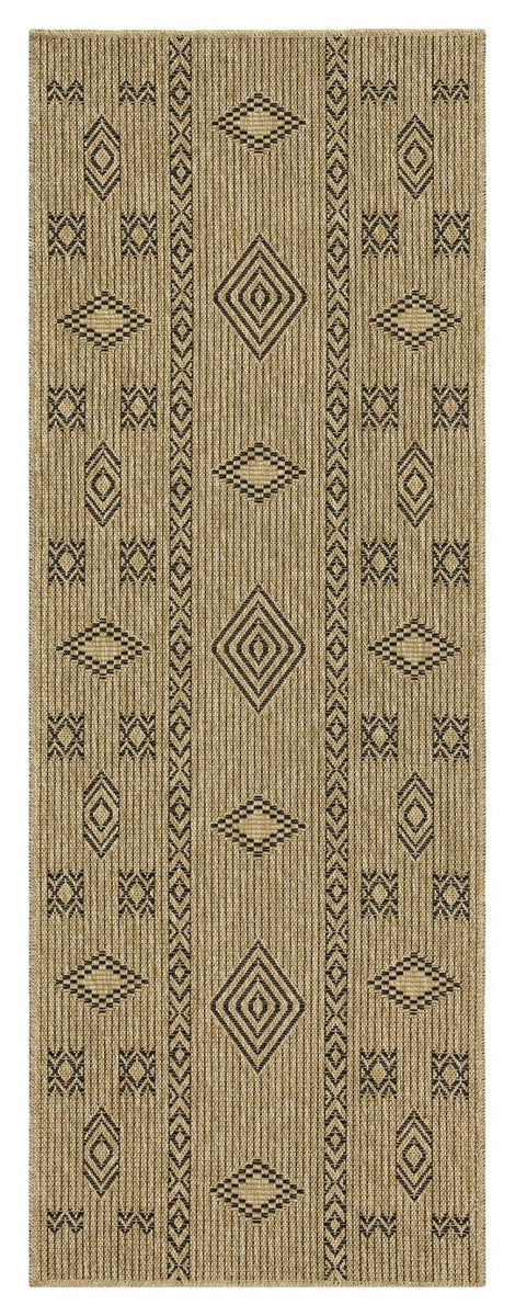 Jute area rug with geometric diamond and zigzag pattern, beige with dark accents