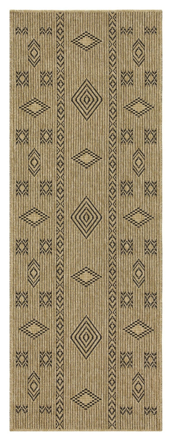 Jute area rug with geometric diamond and zigzag pattern, beige with dark accents