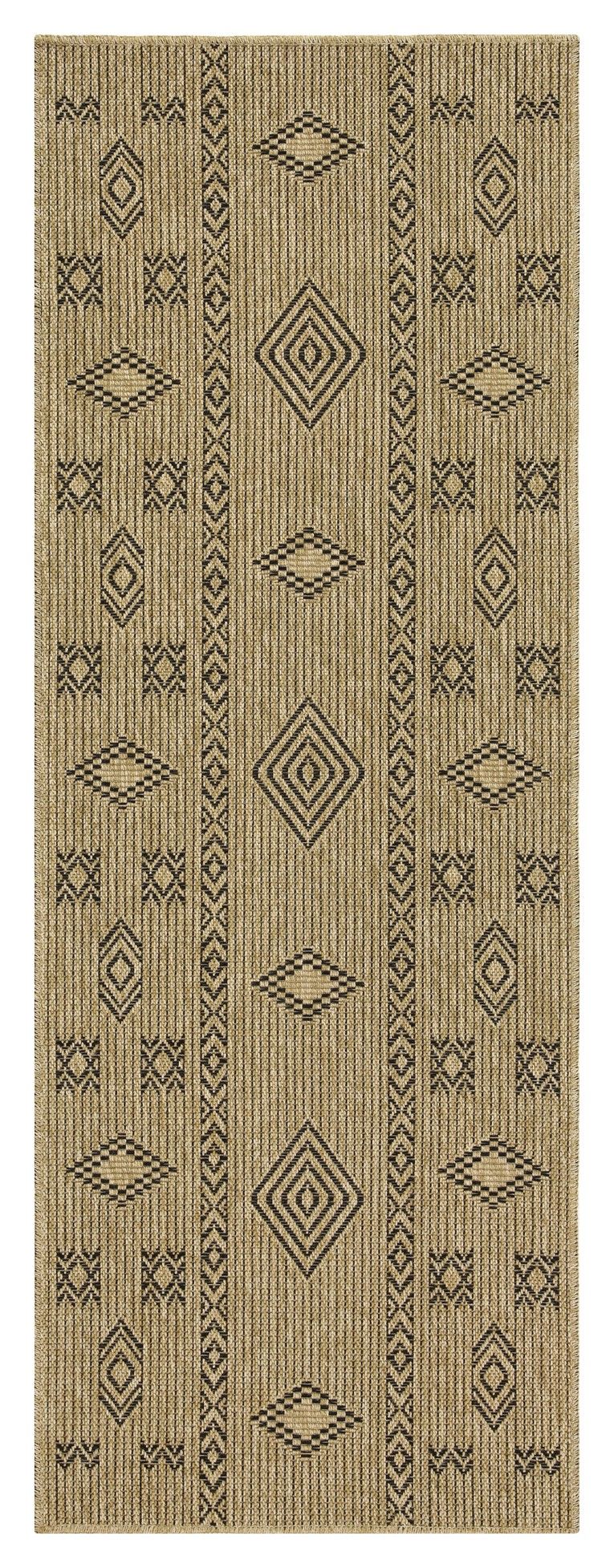 Natural and black narrow area rug with repeating diamond, chevron, and dot motifs