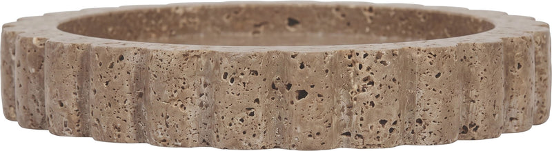 Beige travertine serving tray side profile with scalloped outer edge