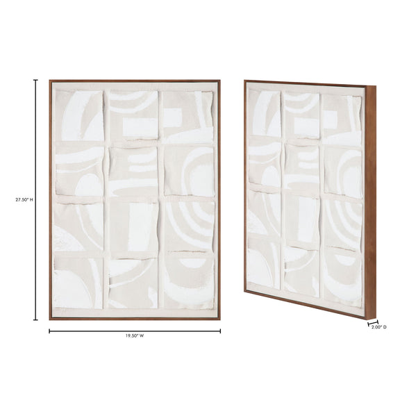 Set of two framed abstract wall prints with white and beige geometric shapes, wood frames