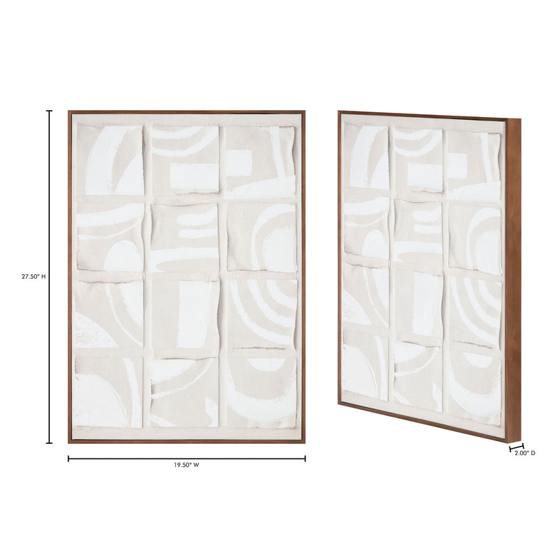 Set of two framed abstract wall prints with white and beige geometric shapes, wood frames
