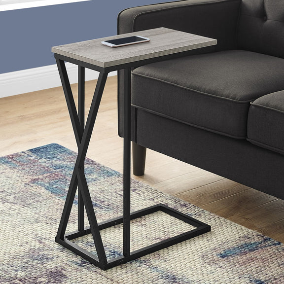 Modern accent table with black frame and light gray tabletop with lower open shelf.