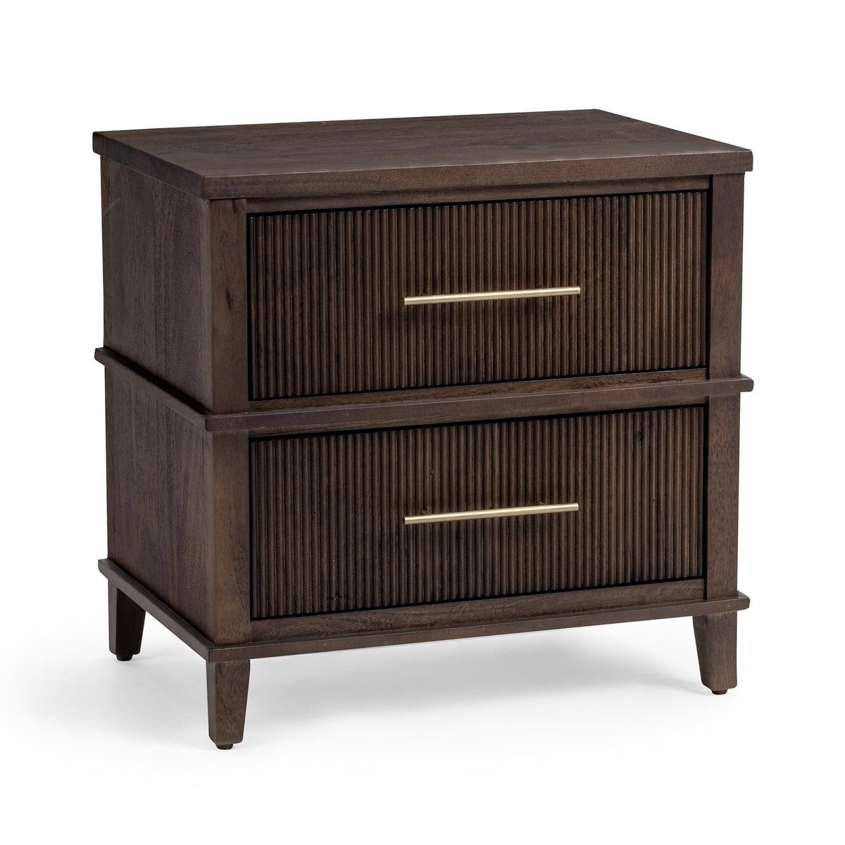 2-drawer nightstand in Kona brown with ribbed front panels and gold bar pulls