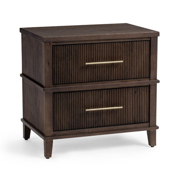 2-drawer nightstand in Kona brown with ribbed front panels and gold bar pulls