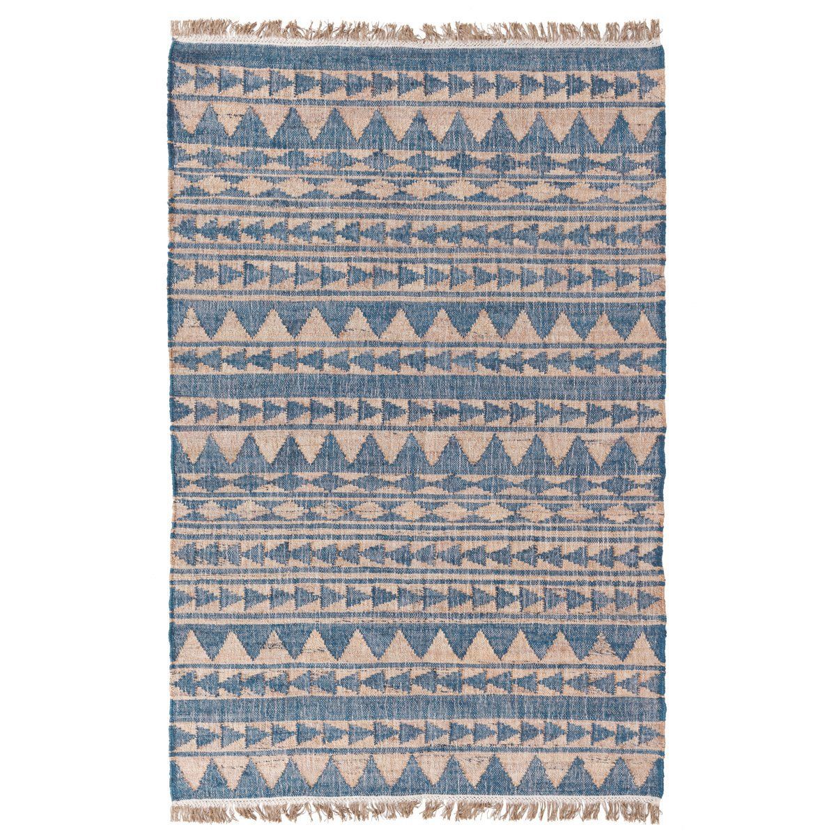 Blue and natural distressed patterned rug with fringe border and repeating triangle rows.