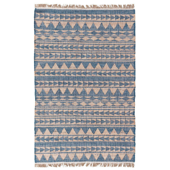 Blue and natural distressed patterned rug with fringe border and repeating triangle rows.