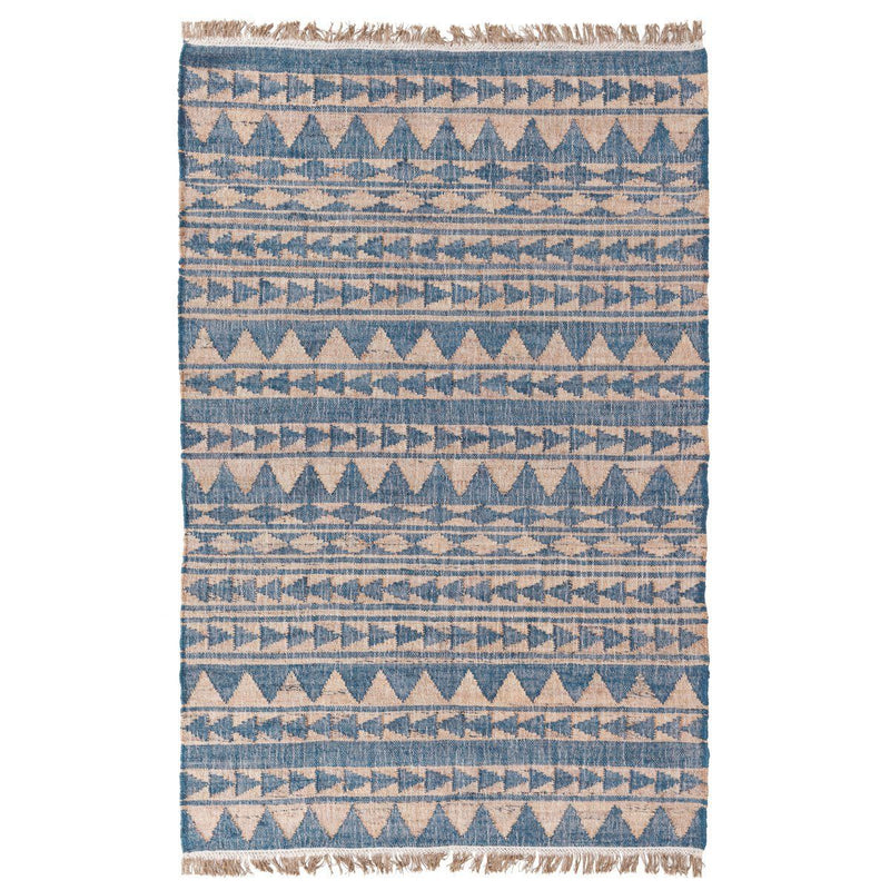 Blue and natural distressed patterned rug with fringe border and repeating triangle rows.