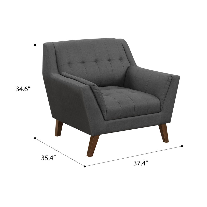 Dark gray accent chair with tufted back, cushioned seat, and wooden feet