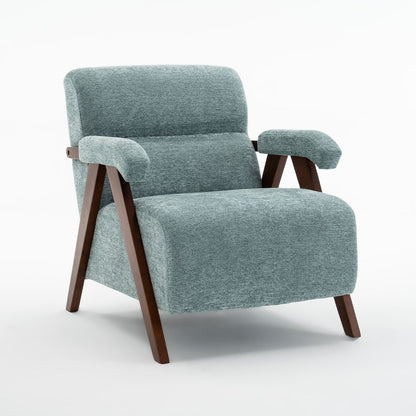 Green upholstered accent armchair with rounded arms and dark wood tapered legs.