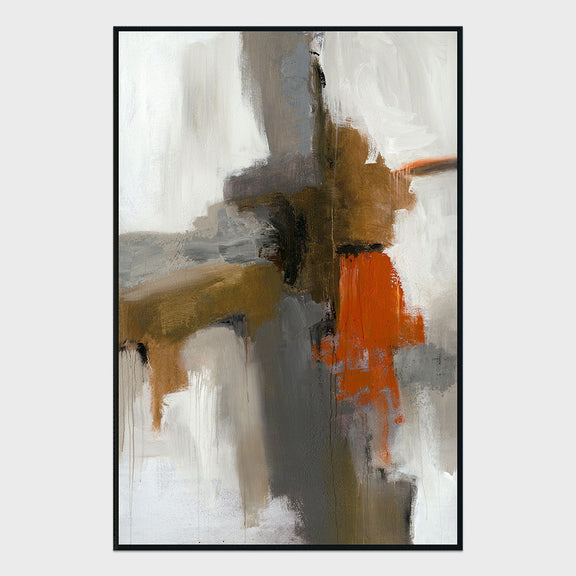 Framed abstract wall art with gray brushstrokes and red-orange square accent