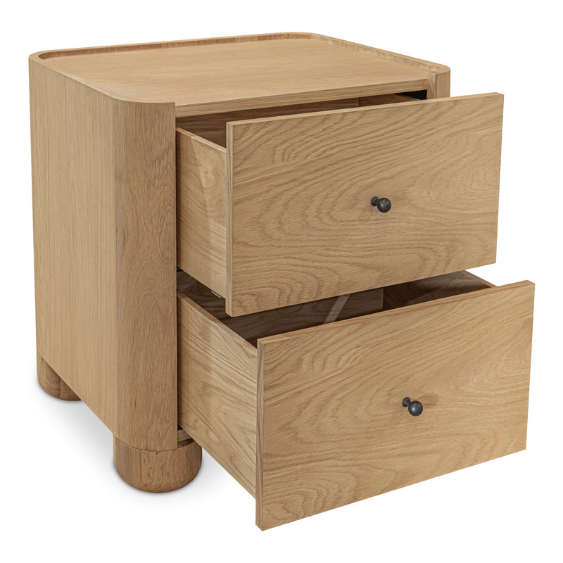 Light brown wood nightstand with both drawers open, showing their interiors.