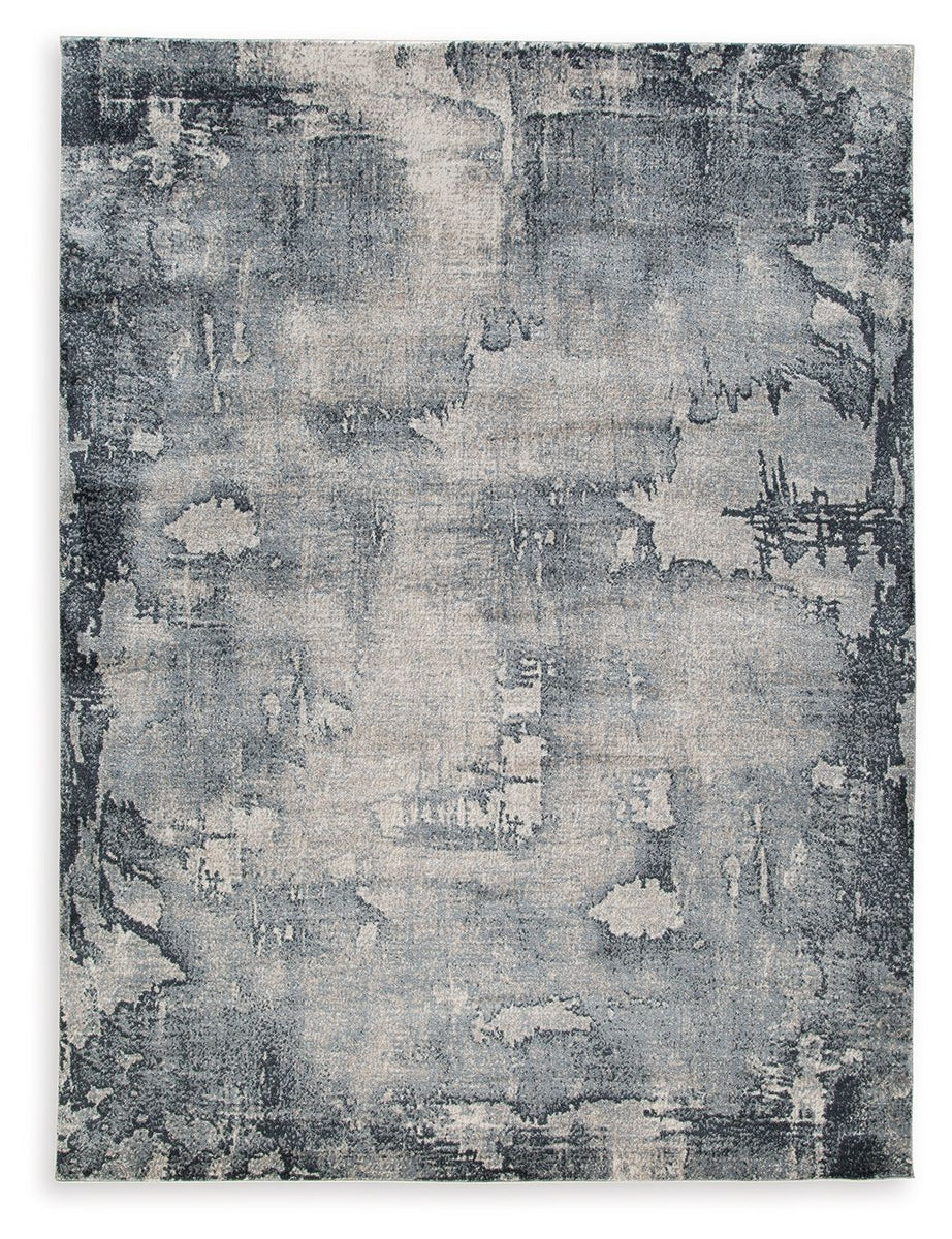 5' x 7' abstract area rug, blue and gray distressed pattern with cream accents