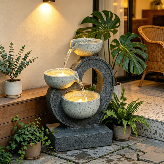Three-tier gray fountain with illuminated cascading bowls, shown in a patio setting