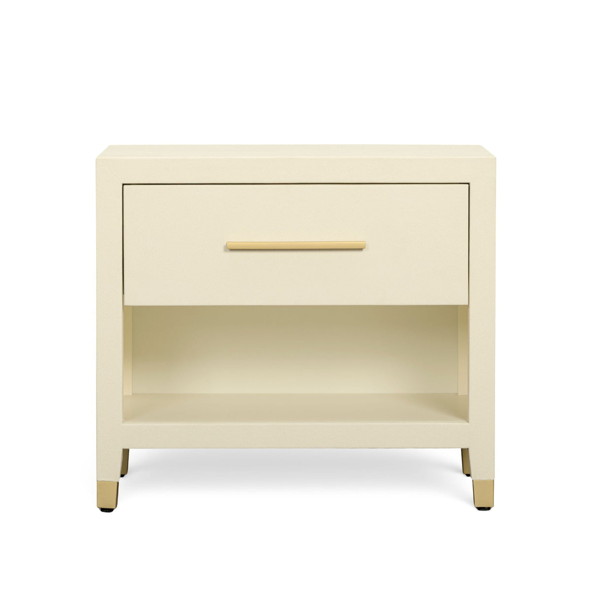 Cream faux shagreen nightstand with drawer and open shelf, gold-tone bar handle.