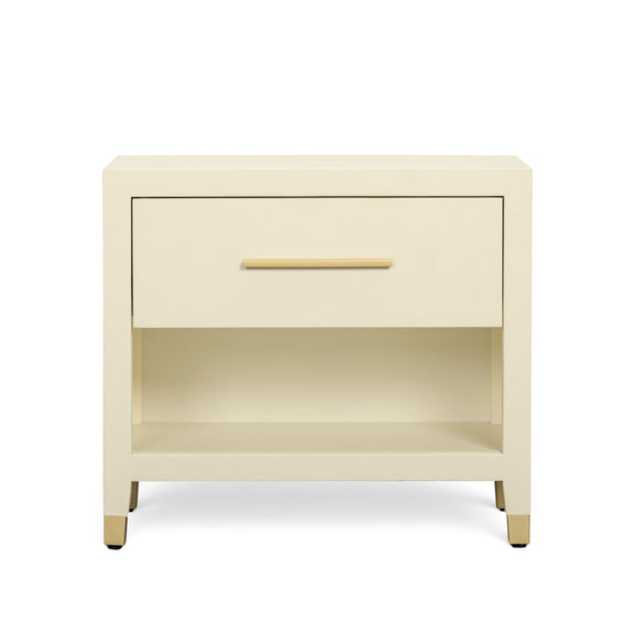 Cream faux shagreen nightstand with drawer and open shelf, gold-tone bar handle.