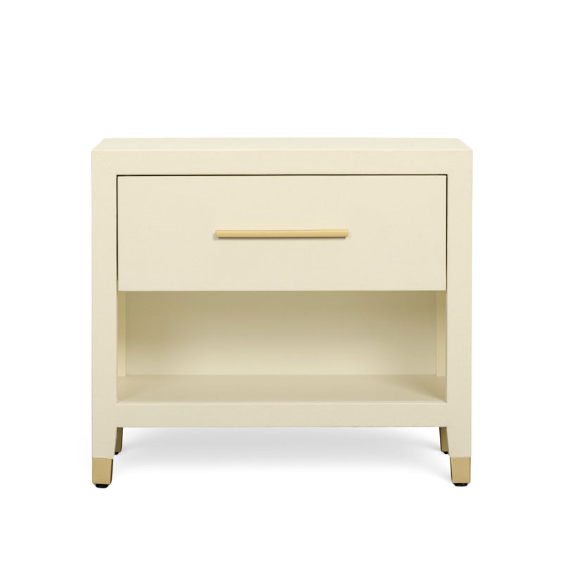 Cream faux shagreen nightstand with drawer and open shelf, gold-tone bar handle.