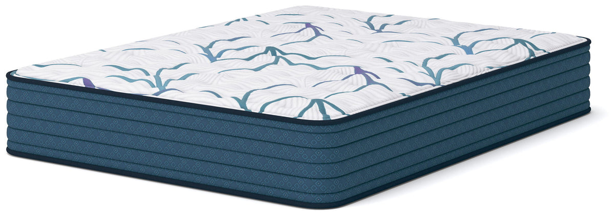 Firm 3.0 mattress with white top and blue wave pattern, dark teal border