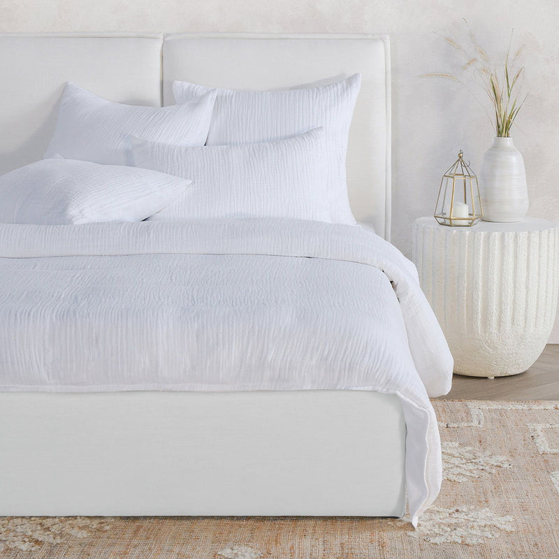 White textured sham pillow with layered bedding on bed