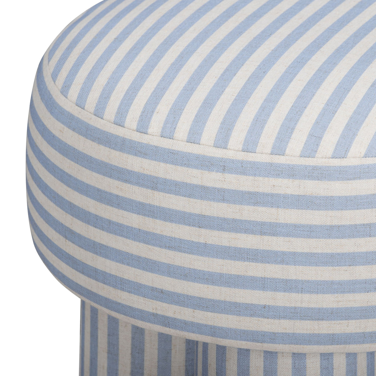 Light blue and cream striped upholstered accent stool with round seat edge detail.
