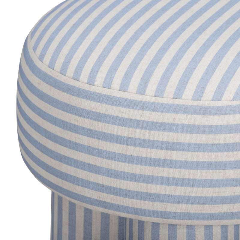 Light blue and cream striped upholstered accent stool with round seat edge detail.