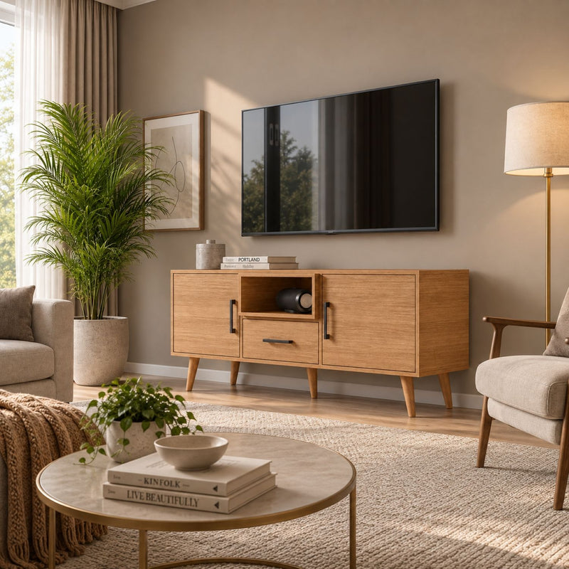TV Stand For TVs Up To 60" With 2 Doors, 1 Drawer And 1 Open Shelf - Oak