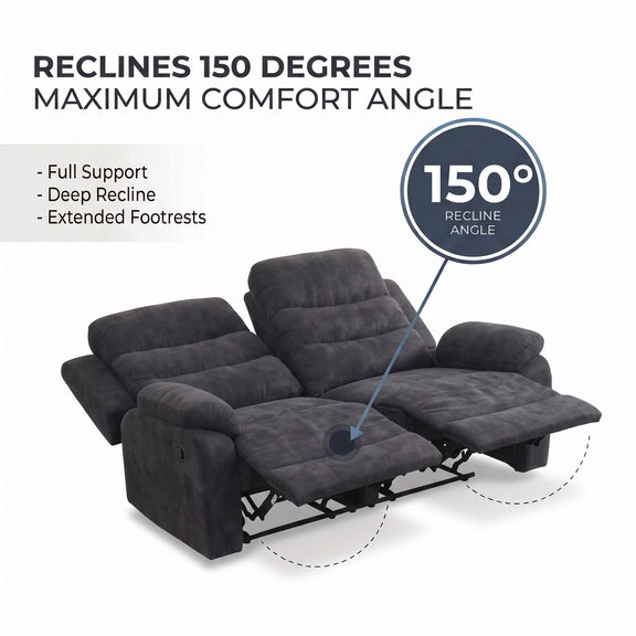 Dark gray 2-seat manual recliner loveseat reclined with extended footrests