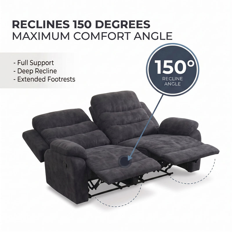 Dark gray 2-seat manual recliner loveseat reclined with extended footrests