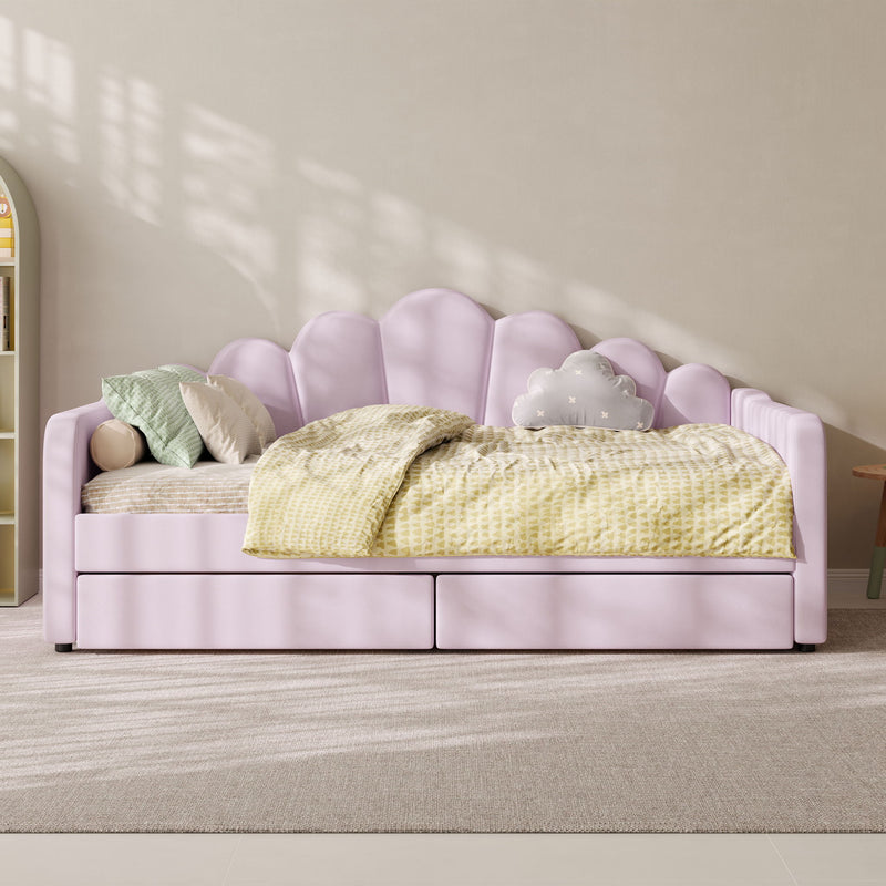 Lavender upholstered daybed frame with scalloped shell headboard and side panels