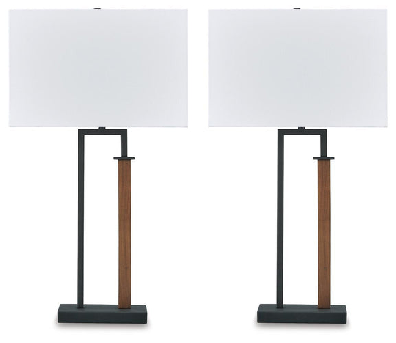 Set of 2 black metal table lamps with brown uprights and off-white rectangular shades