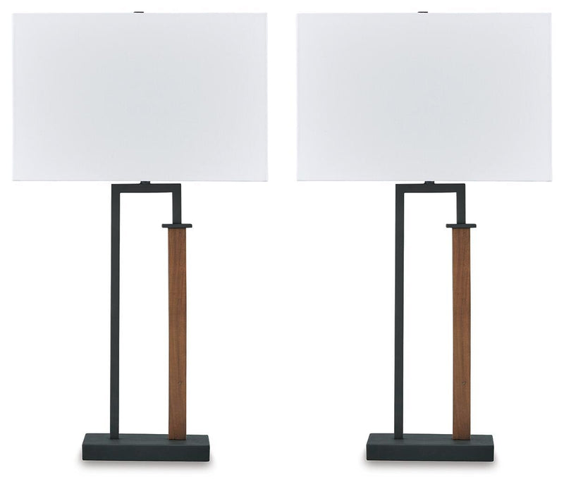 Set of 2 black metal table lamps with brown uprights and off-white rectangular shades