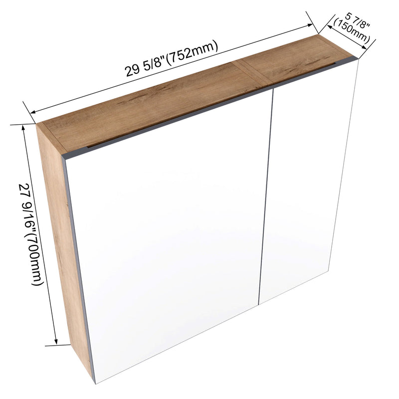Oak-finish wall cabinet showing top and side dimensions