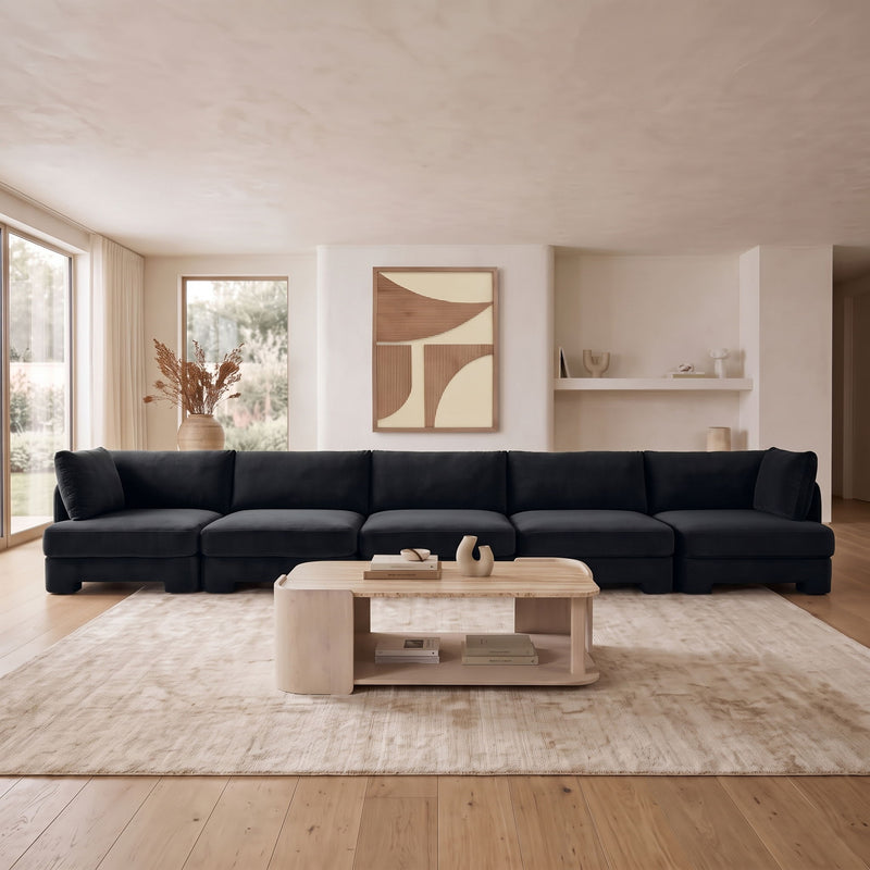 Hammond 5-piece velvet sectional sofa in dark navy with track arms and box back cushions